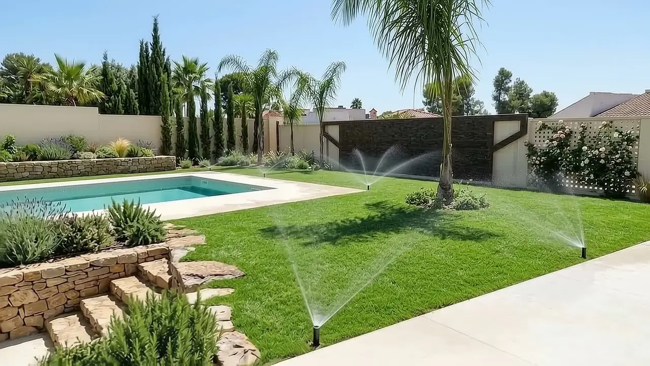 Jardín con sistema de riego automático al amanecer